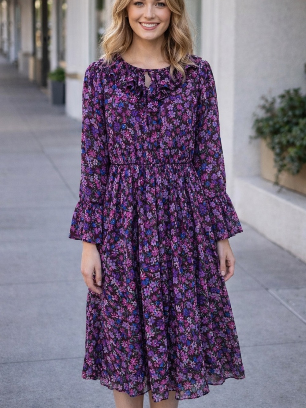 Calvin‎ Klein Floral Lavender Pink and Purple Midi Dress 4 Small
